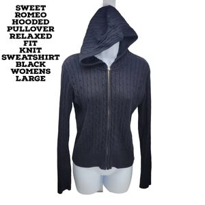 Sweet Romeo Hooded Pullover Relaxed Fit Knit Sweatshirt Black Womens Large